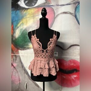 NWT Free People “Adella cami” Dusty Mauve floral lace babydoll crop tank top